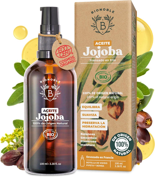 BIONOBLE Aceite De Jojoba 100 Puro Y Natural, Orgánico, Prensado En Frío - Equilibra El Sebo, anti Imperfecciones - Aceite Pelo, Piel, Uñas - Organic Jojoba Oil - Botella Vidrio, Bomba, Pipeta - 100Ml